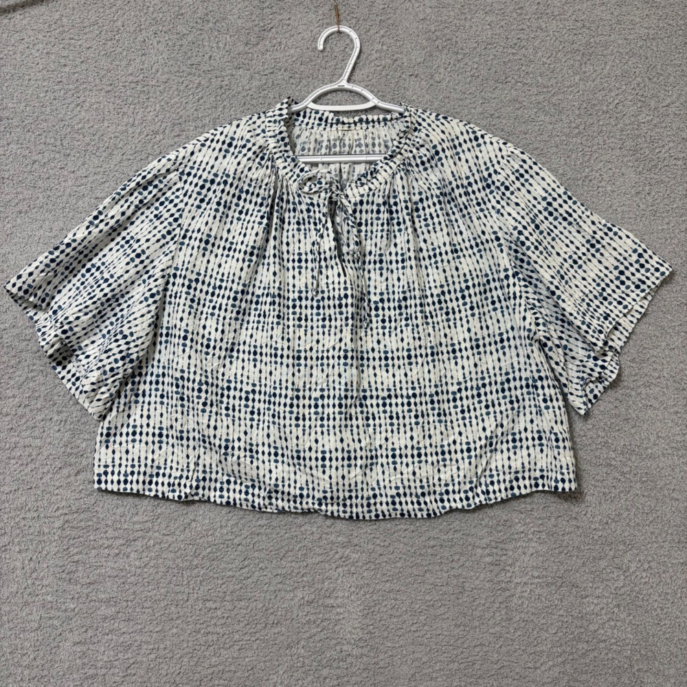 Linen Blend Popover Blouse Large Navy Abstract Summer Top Universal Thread